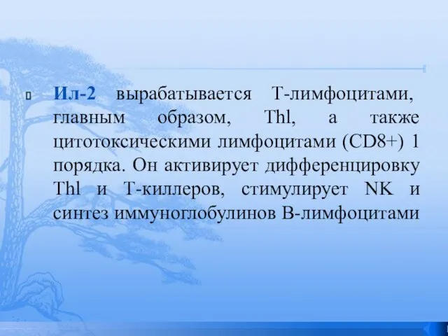 Ил-2 вырабатывается Т-лимфоцитами, главным образом, Thl, а также цитотоксическими лимфоцитами (CD8+) 1