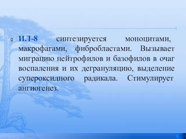 ИЛ-8 синтезируется моноцитами, макрофагами, фибробластами. Вызывает миграцию нейтрофилов и базофилов в очаг