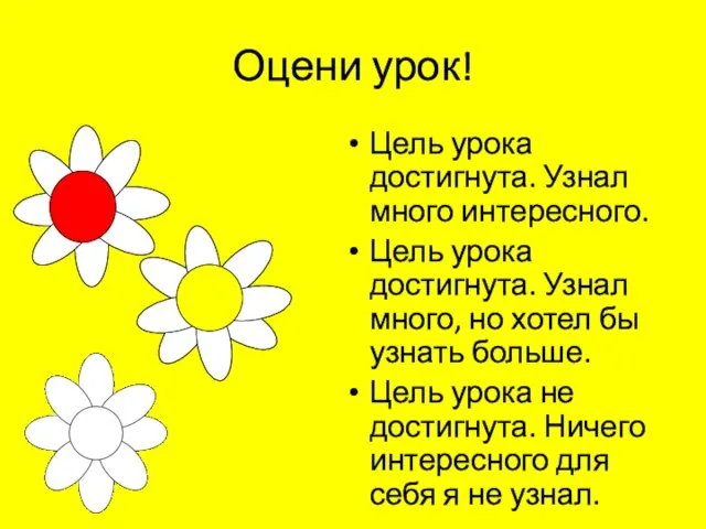 Оцени урок! Цель урока достигнута. Узнал много интересного. Цель урока достигнута. Узнал