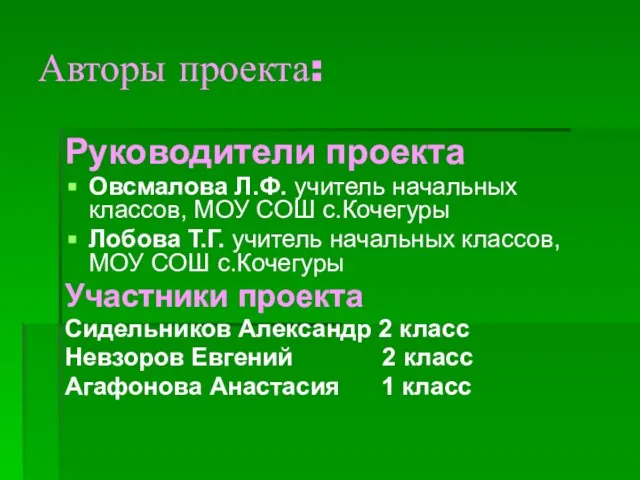 Авторы проекта: Руководители проекта Овсмалова Л.Ф. учитель начальных классов, МОУ СОШ с.Кочегуры