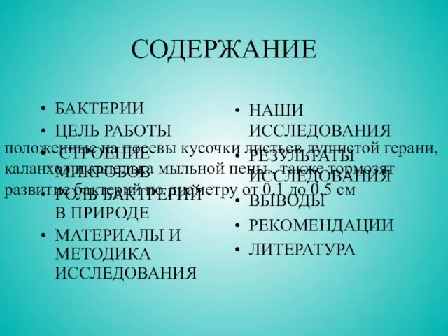 СОДЕРЖАНИЕ БАКТЕРИИ ЦЕЛЬ РАБОТЫ СТРОЕНИЕ МИКРОБОВ РОЛЬ БАКТРЕРИЙ В ПРИРОДЕ МАТЕРИАЛЫ И