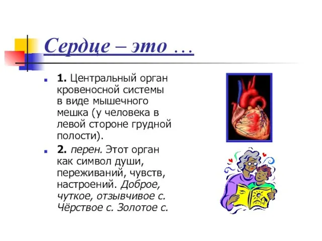 Сердце – это … 1. Центральный орган кровеносной системы в виде мышечного