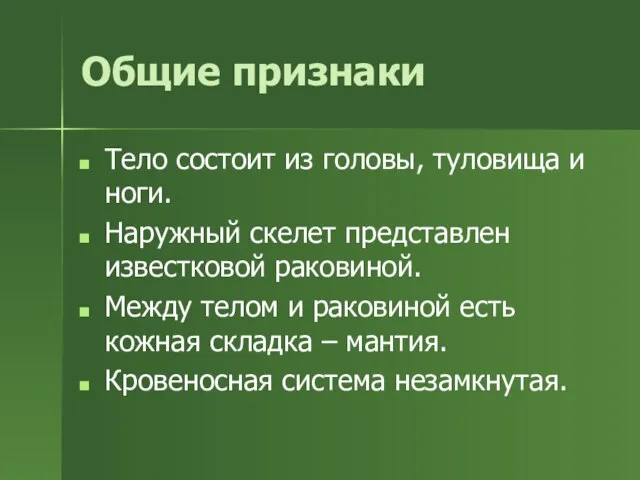 Общие признаки Тело состоит из головы, туловища и ноги. Наружный скелет представлен