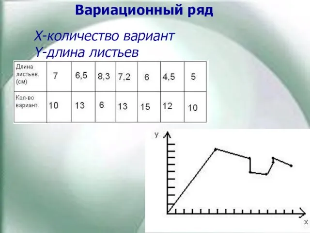 X-количество вариант Y-длина листьев Вариационный ряд