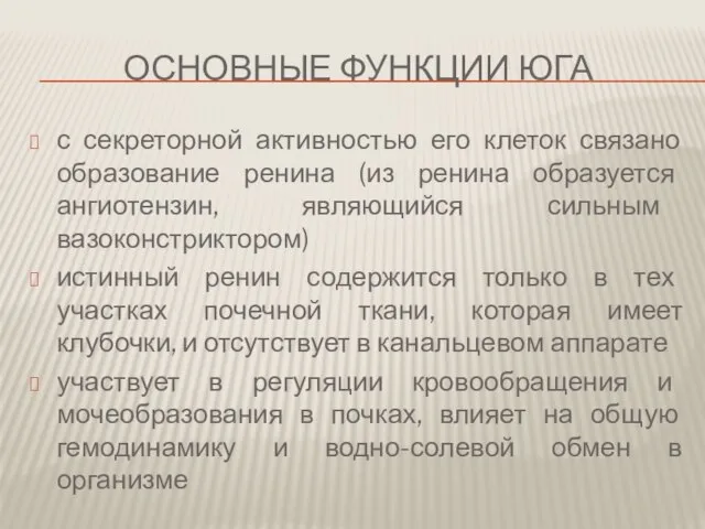 основные Функции ЮГА с секреторной активностью его клеток связано образование ренина (из