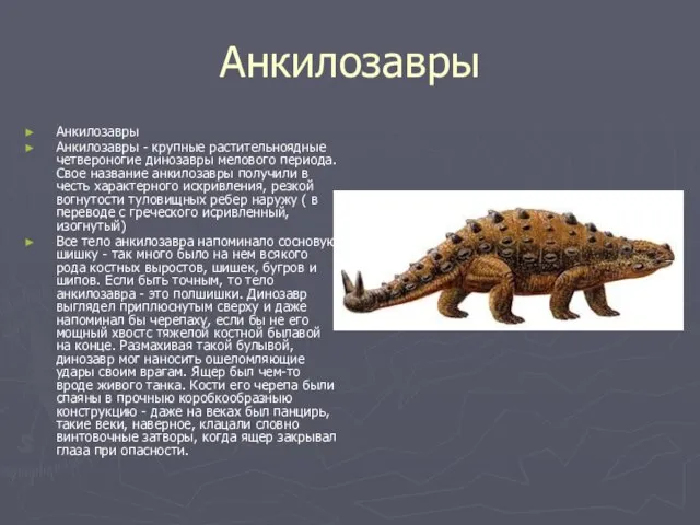 Анкилозавры Анкилозавры Анкилозавры - крупные растительноядные четвероногие динозавры мелового периода. Свое название