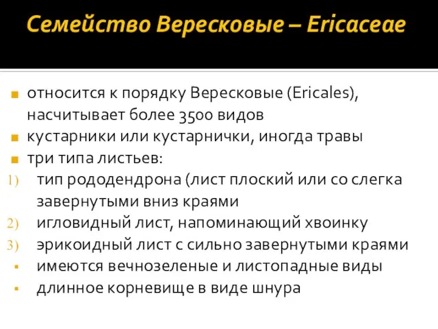 Семейство Вересковые – Ericaceae относится к порядку Вересковые (Ericales), насчитывает более 3500