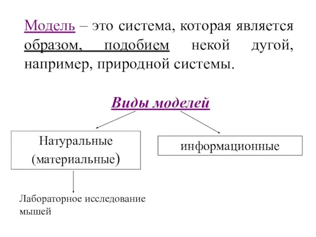 Виды моделей Натуральные (материальные) информационные Модель – это система, которая является образом,