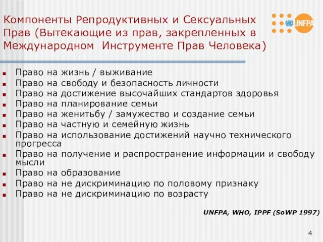 Компоненты Репродуктивных и Сексуальных Прав (Вытекающие из прав, закрепленных в Международном Инструменте