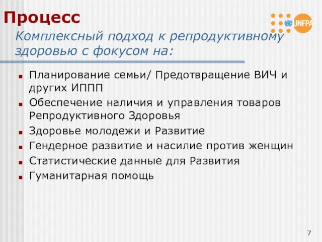 Процесс Комплексный подход к репродуктивному здоровью с фокусом на: Планирование семьи/ Предотвращение