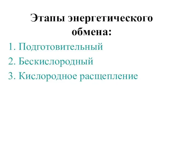 Этапы энергетического обмена: 1. Подготовительный 2. Бескислородный 3. Кислородное расщепление