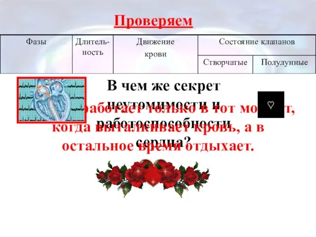 Проверяем В чем же секрет неутомимости и работоспособности сердца? Сердце работает только