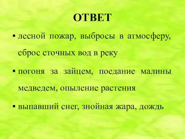 ОТВЕТ лесной пожар, выбросы в атмосферу, сброс сточных вод в реку погоня