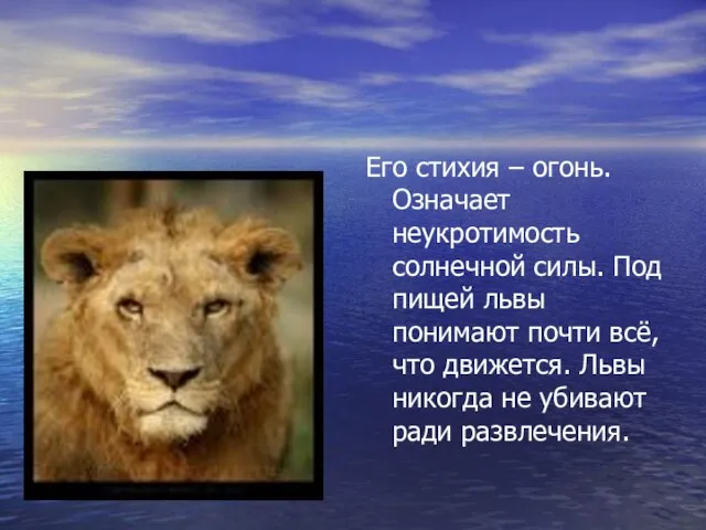 Его стихия – огонь. Означает неукротимость солнечной силы. Под пищей львы понимают