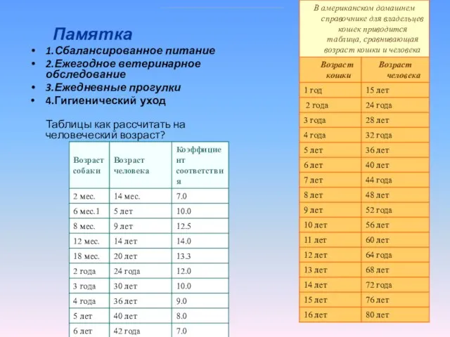 Памятка 1.Сбалансированное питание 2.Ежегодное ветеринарное обследование 3.Ежедневные прогулки 4.Гигиенический уход Таблицы как рассчитать на человеческий возраст?