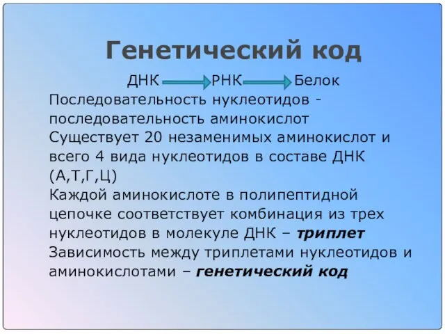 Генетический код ДНК РНК Белок Последовательность нуклеотидов - последовательность аминокислот Существует 20