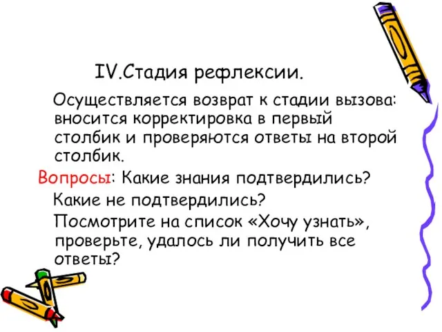 IV.Стадия рефлексии. Осуществляется возврат к стадии вызова: вносится корректировка в первый столбик