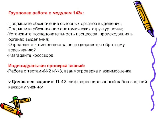 Групповая работа с модулем 142к: Подпишите обозначение основных органов выделения; Подпишите обозначение