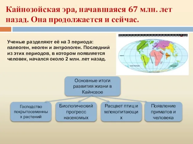 Кайнозойская эра, начавшаяся 67 млн. лет назад. Она продолжается и сейчас. Ученые