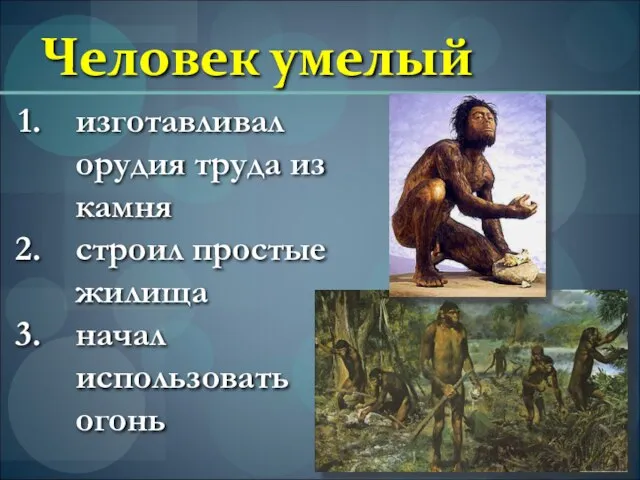 Человек умелый изготавливал орудия труда из камня строил простые жилища начал использовать огонь