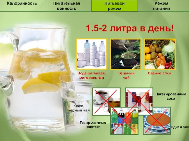 Питательная ценность Калорийность Питьевой режим Режим питания Питательная ценность Калорийность Питьевой режим