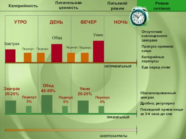 Питательная ценность Калорийность Питьевой режим Режим питания УТРО ДЕНЬ ВЕЧЕР НОЧЬ ЭНЕРГОЗАТРАТЫ