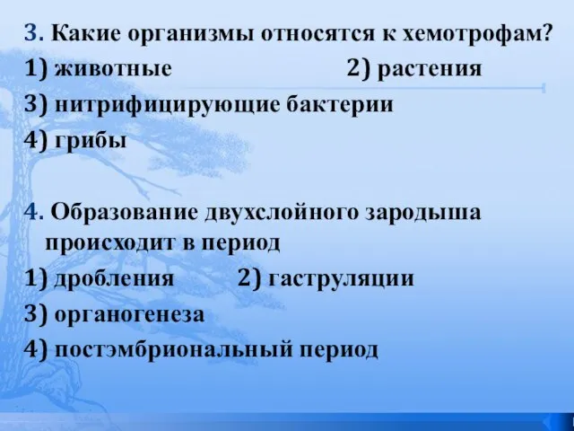 3. Какие организмы относятся к хемотрофам? 1) животные 2) растения 3) нитрифицирующие