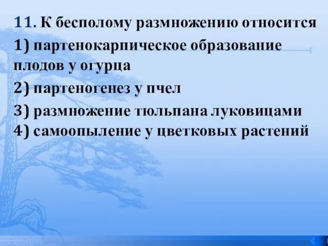 11. К бесполому размножению относится 1) партенокарпическое образование плодов у огурца 2)