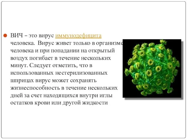 ВИЧ – это вирус иммунодефицита человека. Вирус живет только в организме человека