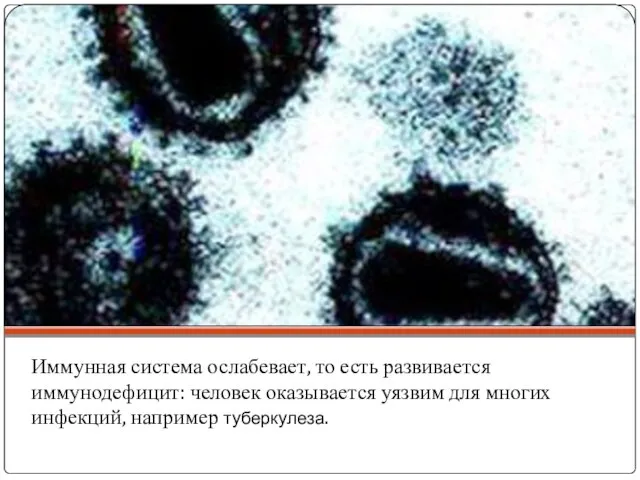 Иммунная система ослабевает, то есть развивается иммунодефицит: человек оказывается уязвим для многих инфекций, например туберкулеза.