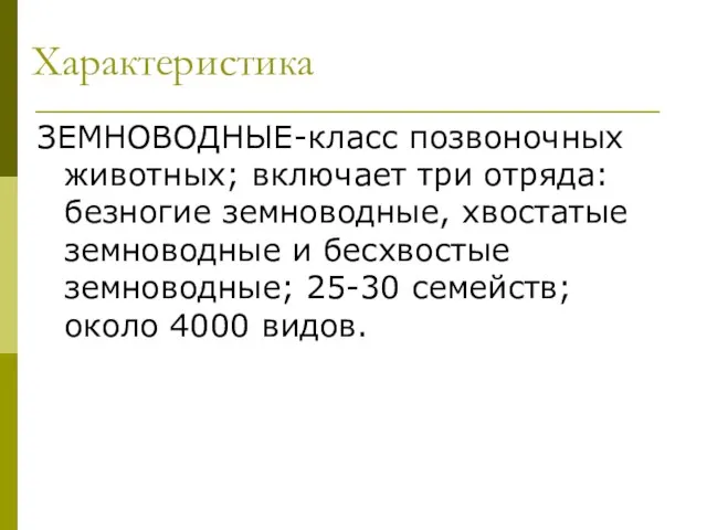 Характеристика ЗЕМНОВОДНЫЕ-класс позвоночных животных; включает три отряда: безногие земноводные, хвостатые земноводные и