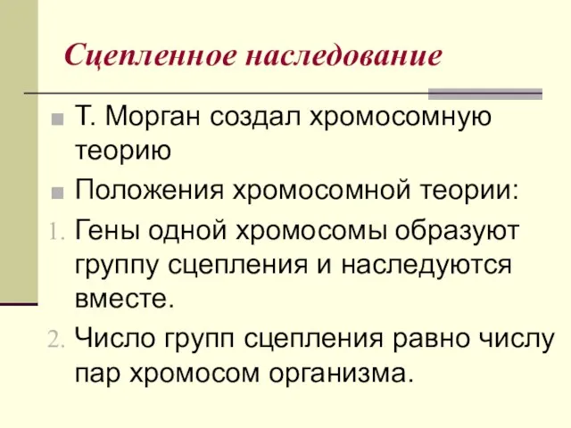 Сцепленное наследование Т. Морган создал хромосомную теорию Положения хромосомной теории: Гены одной