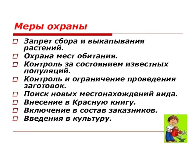 Меры охраны Запрет сбора и выкапывания растений. Охрана мест обитания. Контроль за