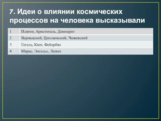 7. Идеи о влиянии космических процессов на человека высказывали