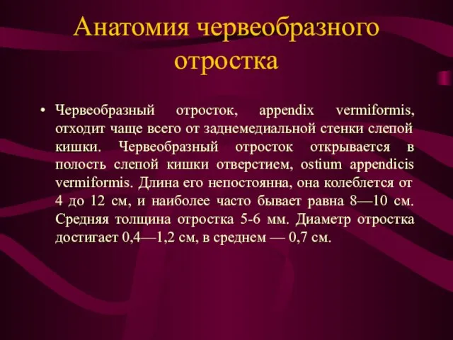 Анатомия червеобразного отростка Червеобразный отросток, appendix vermiformis, отходит чаще всего от заднемедиальной