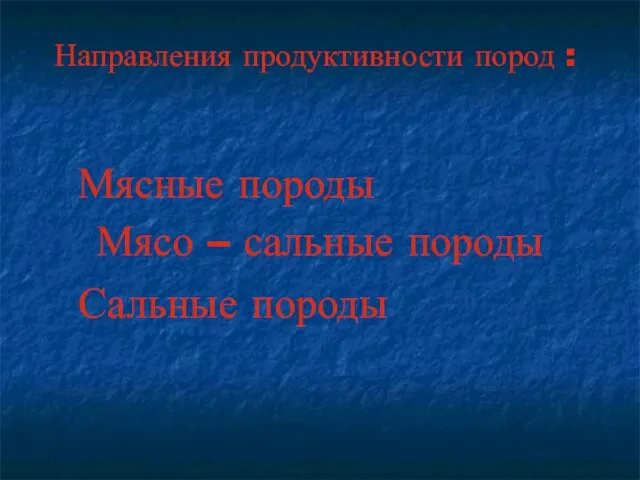 Направления продуктивности пород : Мясные породы Мясо – сальные породы Сальные породы