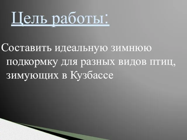 Цель работы: Составить идеальную зимнюю подкормку для разных видов птиц, зимующих в Кузбассе