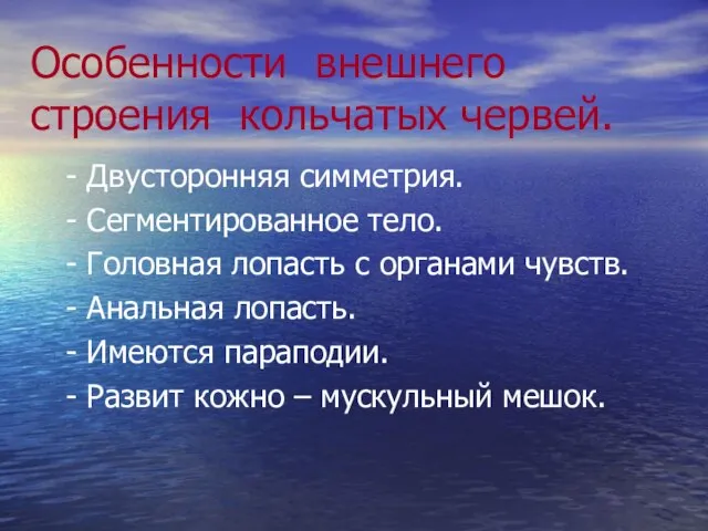 Особенности внешнего строения кольчатых червей. - Двусторонняя симметрия. - Сегментированное тело. -