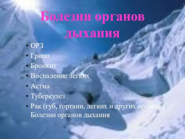 Болезни органов дыхания ОРЗ Грипп Бронхит Воспаление легких Астма Туберкулез Рак (губ,