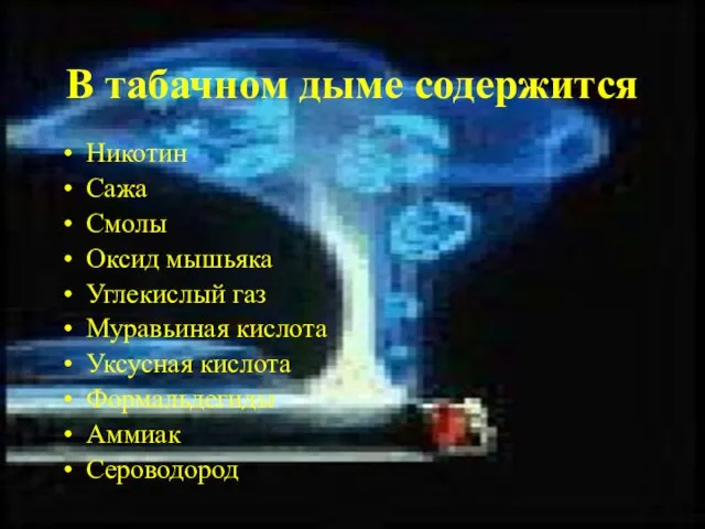 В табачном дыме содержится: Никотин Сажа Смолы Оксид мышьяка Углекислый газ Муравьиная