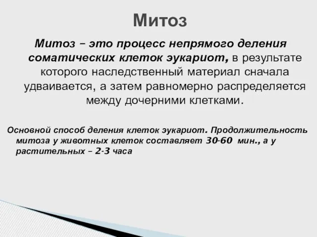 Митоз – это процесс непрямого деления соматических клеток эукариот, в результате которого