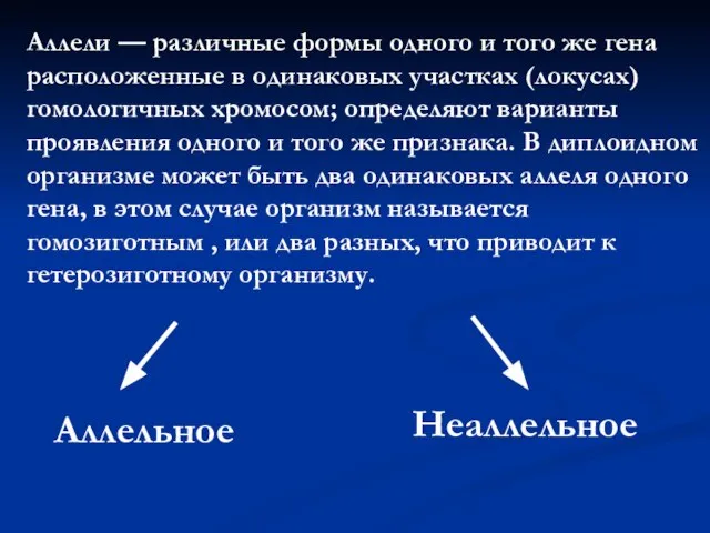 Аллели — различные формы одного и того же гена расположенные в одинаковых