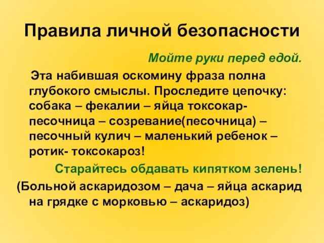 Правила личной безопасности Мойте руки перед едой. Эта набившая оскомину фраза полна