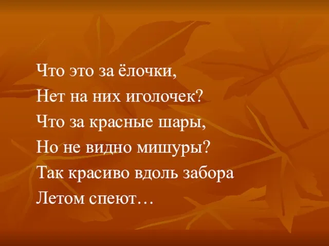 Что это за ёлочки, Нет на них иголочек? Что за красные шары,