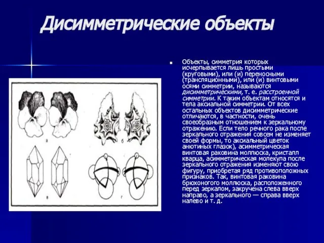 Дисимметрические объекты Объекты, симметрия которых исчерпывается лишь простыми (круговыми), или (и) переносными