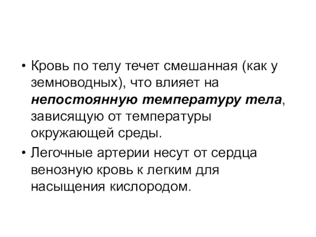 Кровь по телу течет смешанная (как у земноводных), что влияет на непостоянную