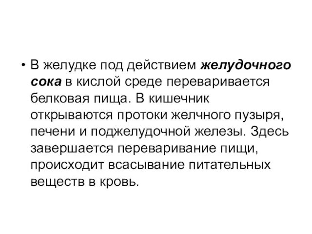 В желудке под действием желудочного сока в кислой среде переваривается белковая пища.