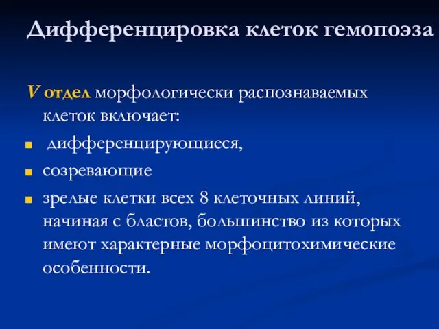 Дифференцировка клеток гемопоэза V отдел морфологически распознаваемых клеток включает: дифференцирующиеся, созревающие зрелые