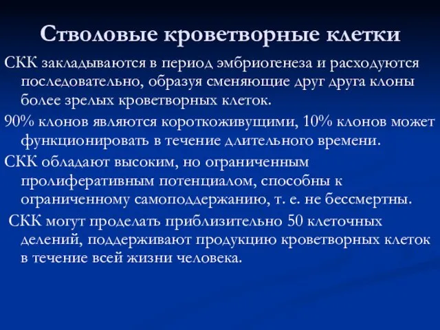 Стволовые кроветворные клетки СКК закладываются в период эмбриогенеза и расходуются последовательно, образуя