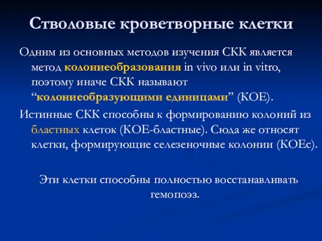 Стволовые кроветворные клетки Одним из основных методов изучения СКК является метод колониеобразования